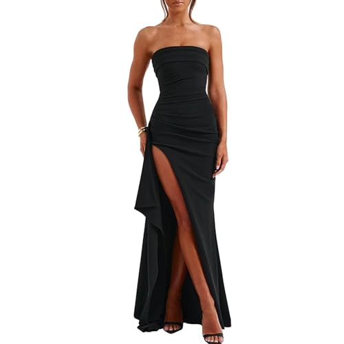 Caintima Women's Backless High Split Strapless Long Prom Formal Cocktail Dress for Women, M Black