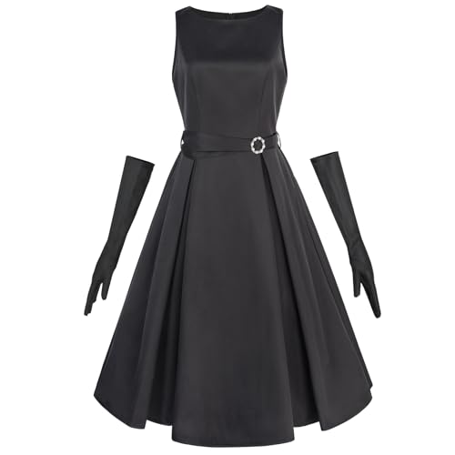 LSYYSKB 1950s Dress for Women Boatneck Sleeveless Vintage Cocktail Dresses Tea Party Ball Gown with Gloves Black Large