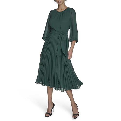 Jessica Howard Women's 3/4 Sleeve Jewel Neck Belted Chiffon Pleated Midi Dress, Hunter, 14
