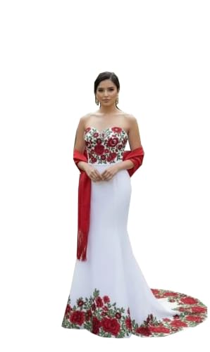 Mermaid Long Quinceanera Wedding Dresses Mexican Red and White Satin Boho Lace 14