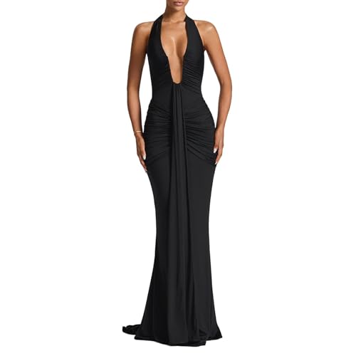 ABYOVRT Women Deep V Neck Ruched Maxi Dress Sleeveless Halter Gown Cocktail Evening Formal Dresses (Black,M)