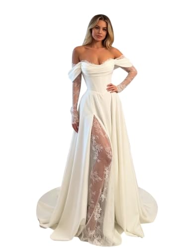 Satin Wedding Dress Lace Corset Off Shoulder Bridal Gown with Slit Ivory,16