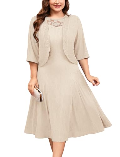 ZOMVA Plus Size Mother of the Bride Groom Dresses for Curvy Women 2 Piece Wedding Guest Dress with Jacket Tea Length, Champagne, 0X