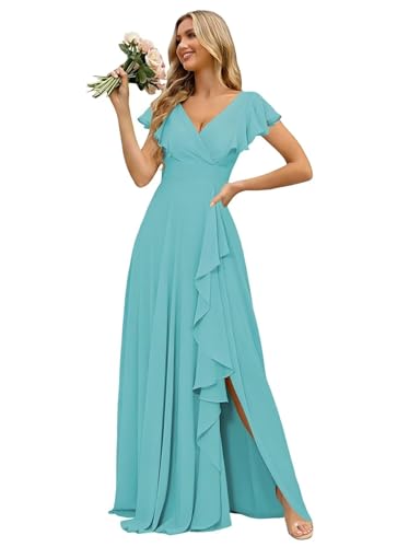 Women's Bridesmaid Chifon Aqua Blue Dresses with Ruffle Short Sleeves for Wedding Guest V-Neck Chiffon Long Formal Dress with Ruffly Slit US16