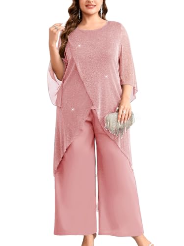Plus Size Mother of The Bride Pant Suits 2 Piece Sparkly Mesh Sets Dressy Wedding Guest Outfit with High Low Hem, Light Pink, 2X