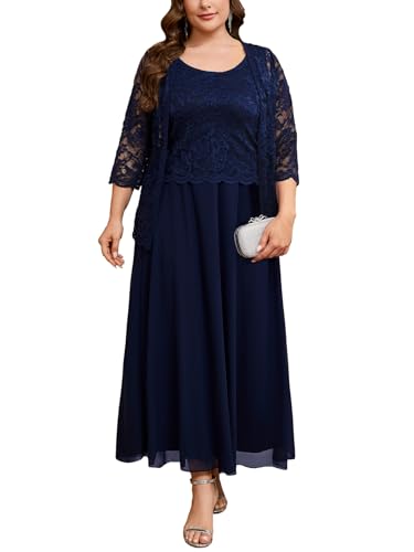 CYCLAMEN Plus Size 2 Piece Formal Dress Suit Mother of The Bride Dresses Sets with Lace Jacket Elegant Wedding Outfits, Navy, 4X