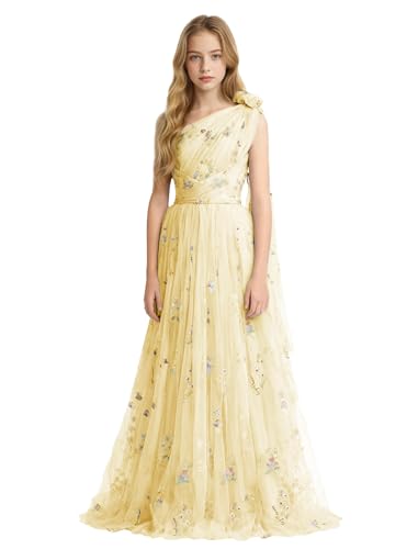 Junior Bridesmaid Dresses Champagne Tulle Flower Girl Dress for Wedding One Shoulder Long Prom Dress Size 15