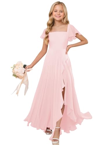 Ardenn Clothier Blush Pink Junior Bridesmaid Dresses for Teen Girls Bridesmaid Dress Chiffon Flower Girl Dress with Cascading Ruffles Size 9