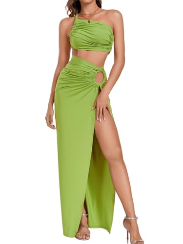 ChiaoLezhee Sexy Cutout Maxi Dress One Shoulder Ruched Backless 2 Piece High Slit Skirt Sets Vacation Outfits for Women Date Night Top Bodycon Cocktail Miami Cut Out Open Back Tie Lime Green Small