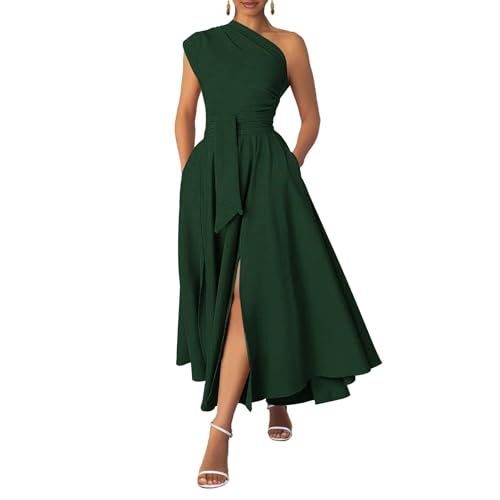 Ekaliy Women's Formal Dress One Shoulder Belted Wedding Guest Maxi Dress