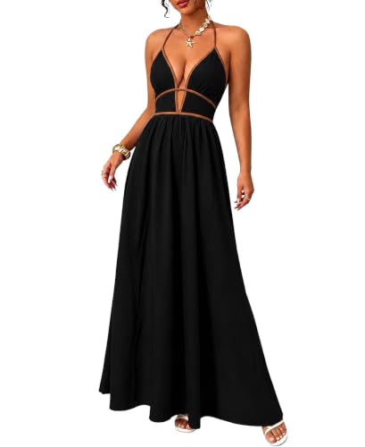 Vacation Dresses for Women Summer Black Halter V Neck Sleeveless Smocked A Line Long Flowy Swing Sexy Casual Trendy Maxi Beach Wedding Guest Sundresses M