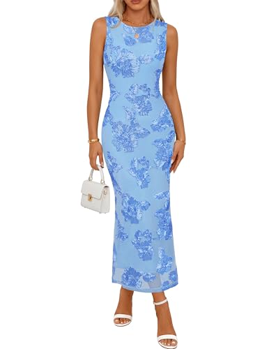 MEROKEETY Women's Floral Wedding Guest Bridal Shower Dress, Blue, L