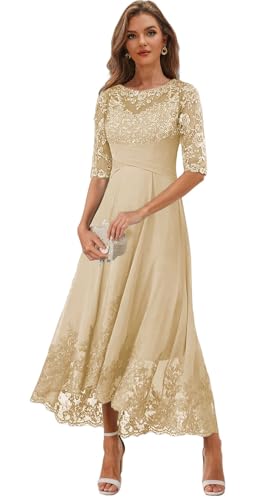 Lace Appliques Mother of The Bride Dress Tea Length Gold Mother of Groom Dresses for Wedding Size 12