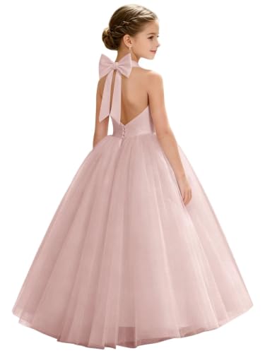 Heineyo Sleeveless Bowknot Flower Girl Dress Blush Pink Puffy Tulle A-Line Long Wedding Guests Prom Ball Gown Halter Satin Junior Bridesmaid Dresses US12