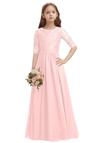 Flihodaputa 3/4 Sleeve Lace Jurnior Bridesmaid Dress 2026 A-line Round Neck Flower Girl Dresses Floor Length Chiffon First Communion Gowns for Sweet 2-16 Blush Pink