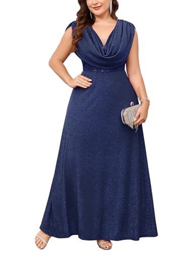 TIARALY Plus Size Sparkly Glitter Formal Maxi A Line Dress Sequin Cowl Neck Sleeveless Prom Dresses Evening Gown, Navy, 0X