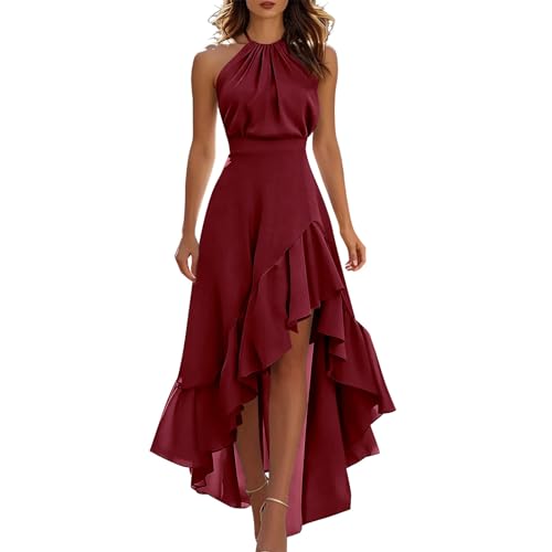 Lmdudan Halter Neck Dress for Women Sleeveless High Low Ruffle Solid Color Dresses Elegant Summer Wedding Guest Party Dress
