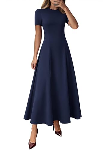 KIRUNDO Short Sleeve Wedding Guest Dresses for Women Formal,Navy Blue,L