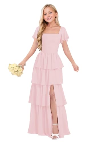 wyxis Short Sleeve Junior Bridesmaid Dress Blush Pink Chiffon Girls Formal Dresses with Ruffles 2-16 Years Size 13