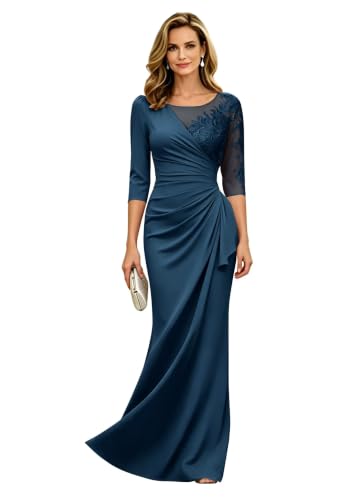 Teal Mother of The Bride Dresses for Wedding Long 3/4 Sleeves Mermaid Chiffon Formal Wedding Guest Dress