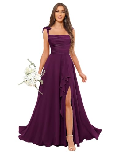 POMUYOO Plum Chiffon Bridesmaid Dress with Slit Spaghetti Strap Long A-Line Corset Pleat Formal Gowns for Prom Party Size 16
