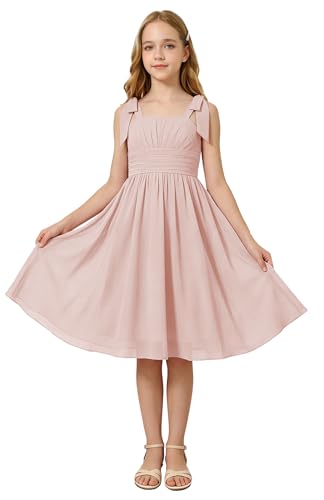 Oittuye Girls Formal Dress Bow Strap Junior Bridesmaid Dress Knee Length Pleated Chiffon Flower Girl Dresses, Blush Pink, Size 12