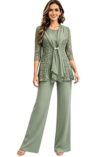 Women Formal Lace Wide Leg Pant Suit 3/4 Sleeve Wedding Mom Party Suit