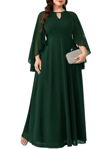 TIARALY Plus Size Elegant Chiffon Dress Cape Sleeve A Line Formal Maxi Dresses Wedding Guest Cocktail Evening Gown, Dark Green, 4X