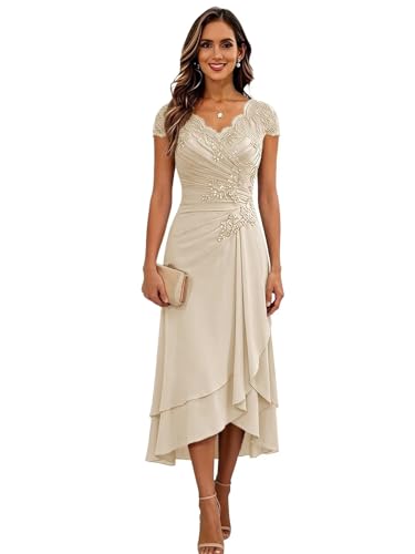 Applique Mother of The Bride Dress for Beach Wedding Short Sleeve V Neck Champagne Tea Length Evening Dresses for Women 2026 US 16