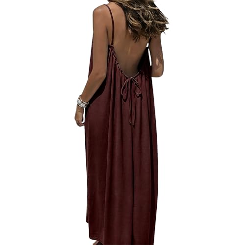 VOLOVEN Women's Backless Cami Maxi Dress Spaghetti Strap Beach Dress Loose Vacation Sundress (Brown)
