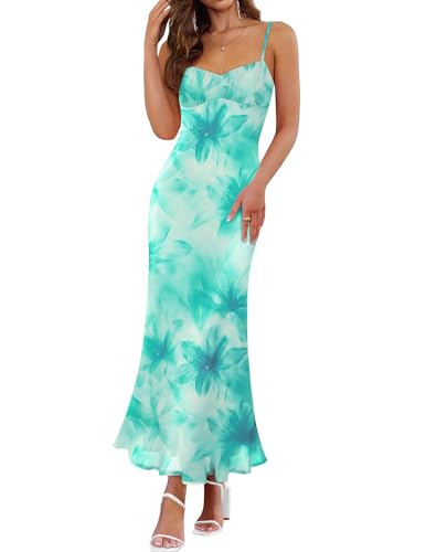 ZESICA Womens Summer Floral Spaghetti Straps Maxi Dress 2025 Sleeveless Square Neck Bodycon Beach Boho Long Dresses,Aqua,Small