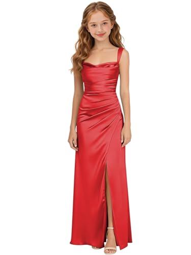 Raccua Spaghetti Straps Junior Bridesmaid Dresses for Wedding Satin Ruched Formal Flower Girl Dress Long Red Slit Prom Dress for Teens 11