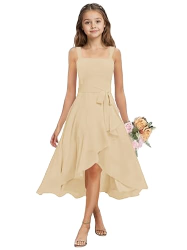 ZCOEXSO Junior Bridesmaid Dresses for Girls Short Champagne High Low Jr Bridesmaid Dresses Teens Flower Girl Dresses for Wedding Size 11