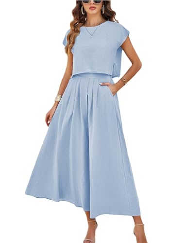 HangNiFang Summer Skirt Sets Women 2 Piece Outfits Cap Sleeve Top Elastic Waist Maxi Dress Sets with Pockets(1218-Blue-L)