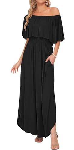 AUSELILY Womens Off Shoulder Ruffle Split Summer Maxi Dresses with Pockets