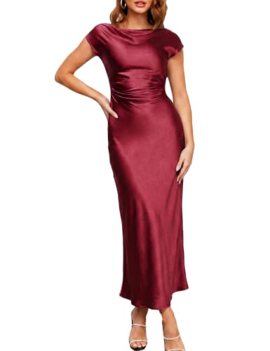 Gmeitoey Women's Formal Satin Backless Midi Dress Cocktail Wedding Guest