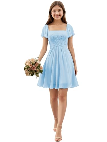 Raccua Square Neck Junior Bridesmaid Dresses Short Light Blue Chiffon Wedding Flower Girl Dress Flutter Sleeves Formal Graduation Gowns for Teen Girls 8