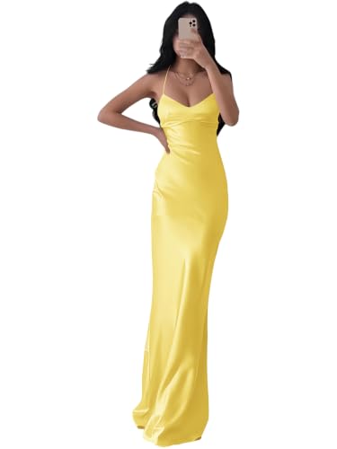 Eightale Satin Long Bridesmaid Dress Yellow for Women Mermaid Bodycon Tight Silk Prom Dresses Spaghetti Straps V Neck Slip Formal Evening Gowns Bodice Size 4