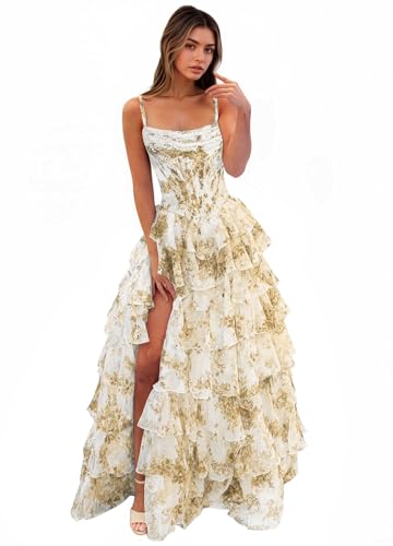 Women's Ruffle Tiered Floarl Champagne Prom Dresses Long 2026 A Line US14