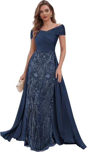 Sequin Lace Chiffon Mother of The Bride Dress Long for Wedding Navy Blue