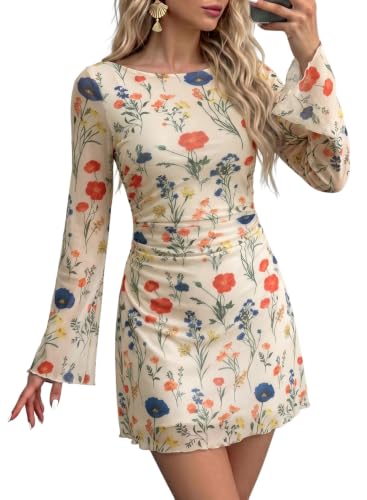 Dokotoo Date Night Mini Dress Floral Long Sleeve Ruched Dress Cream L