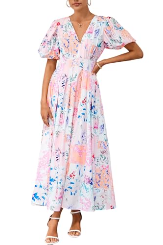 Maxigerui Women's Summer Floral Maxi Dress Spring Wedding Guest Dress 2026 Pink Blue Floral Print L