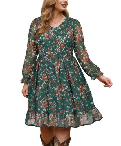 RITERA Plus Size Dresses for Women 5X Orange Floral Long Sleeve Fall Dress