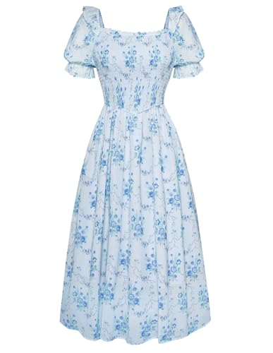 Women's Floral Dress Summer Puff Sleeve Tea Party Dresses Blue Rose L