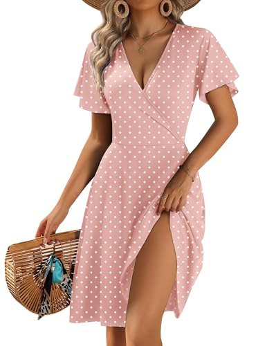 Zeago Ladies Summer Dresses Spring V Neck Floral Wedding Guest Dress Short Sleeve Beach Vacation Wrap Elegant Party Dres