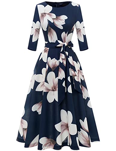 Women's Cocktail Dress for Fall Wedding Guest Church Navy Blue Flower XL