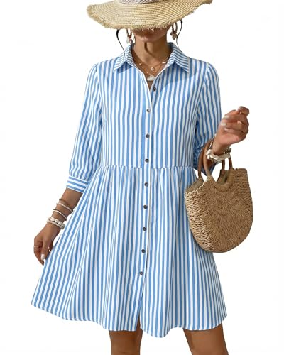 AUSELILY 3/4 Sleeve Women Babydoll Dresses Button Down Mini Sundress