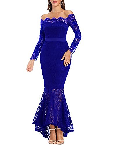 LALAGEN Women's Floral Lace Long Sleeve Off Shoulder Wedding Mermaid Dress Blue M