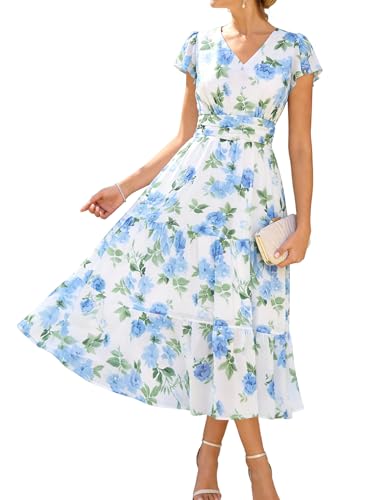 GRACE KARIN Floral Wedding Guest Dresses White with Blue Flowers XXL