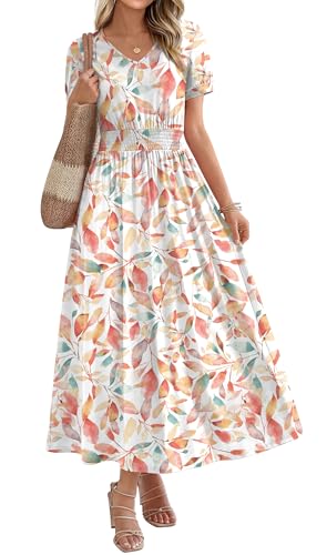 OFEEFAN Maxi Dresses for Women V Neck Ladies Midi Long Dress A Line Casual Summer Spring Clothes Boho Beach Pink Floral M